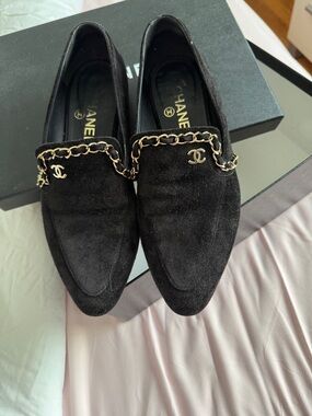 CHANEL Black Suede Loafers with Gold Chain & CC Charm